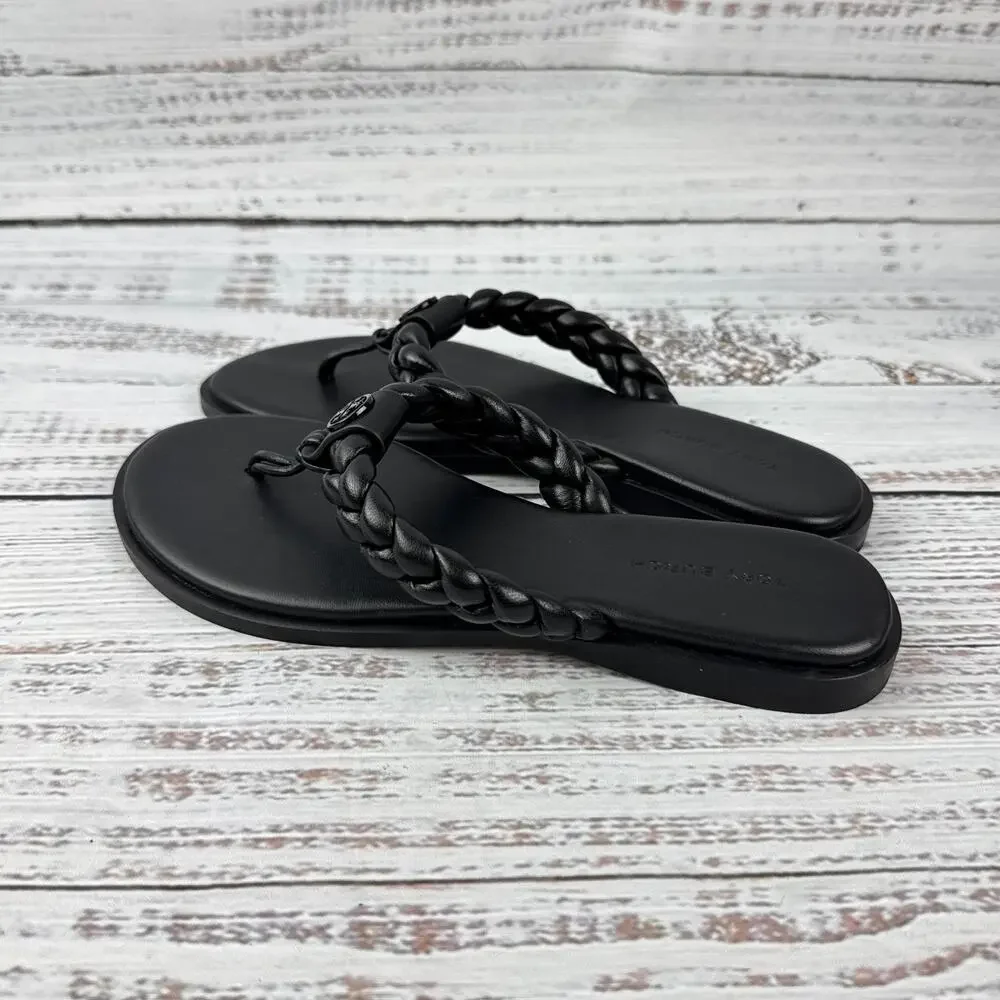 Tory Burch Braided Benton Womens US 6M Thong Sandals Black Leather